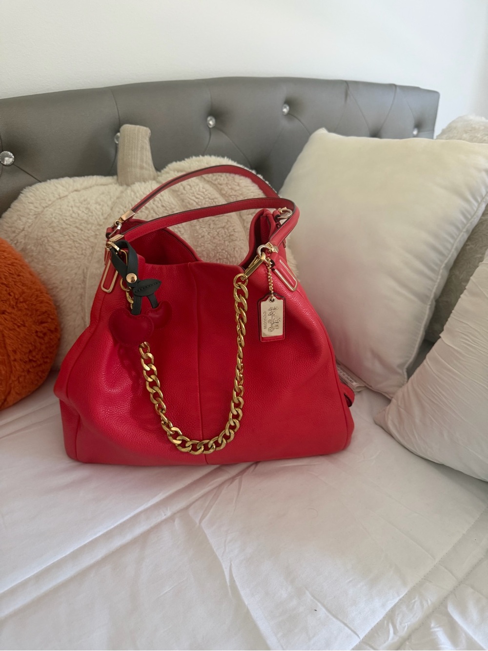 Coach Red Pebbled Leather Shoulder Bag with Gold Chain